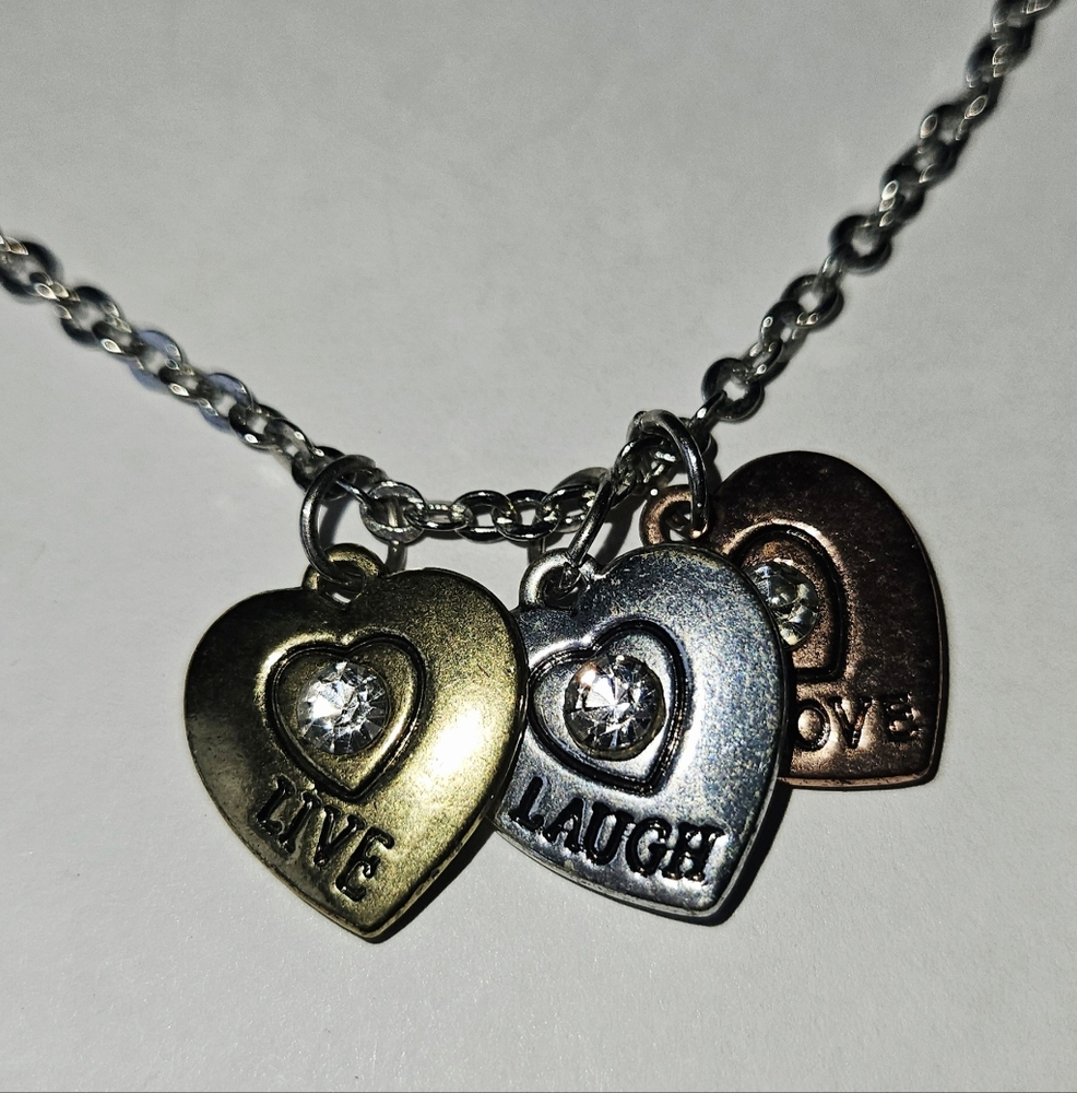 #104 3 Hearts Silver Bronze Gold Necklace Live Laugh Love - Picture 2 of 3